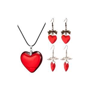Red Glass Heart Necklace & Earrings Set Gothic Y2K Angel Wing Jewelry